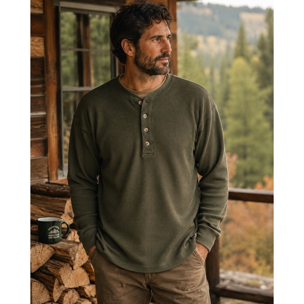 Mountainaire Peak Performance Mens XL Thermal Henley Waffle COTTON Granola Cabin